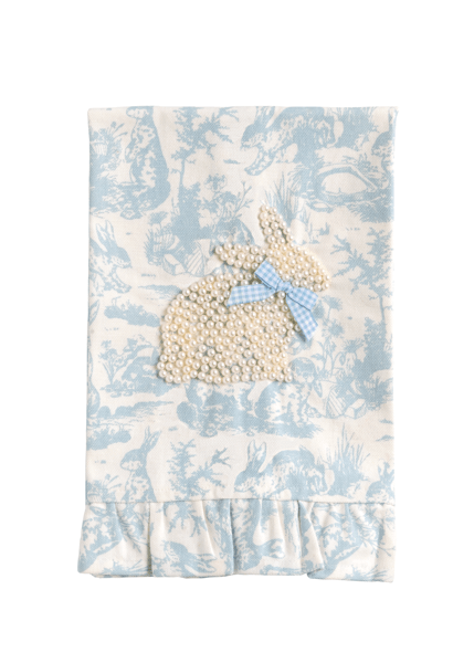 Baby blanket with embroidered bunny and bow on a blue and white floral pattern