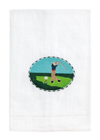White towel with a golf-themed embroidered design on a white background