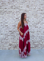 Gianna Lace Trim Midi Dress in Burgundy