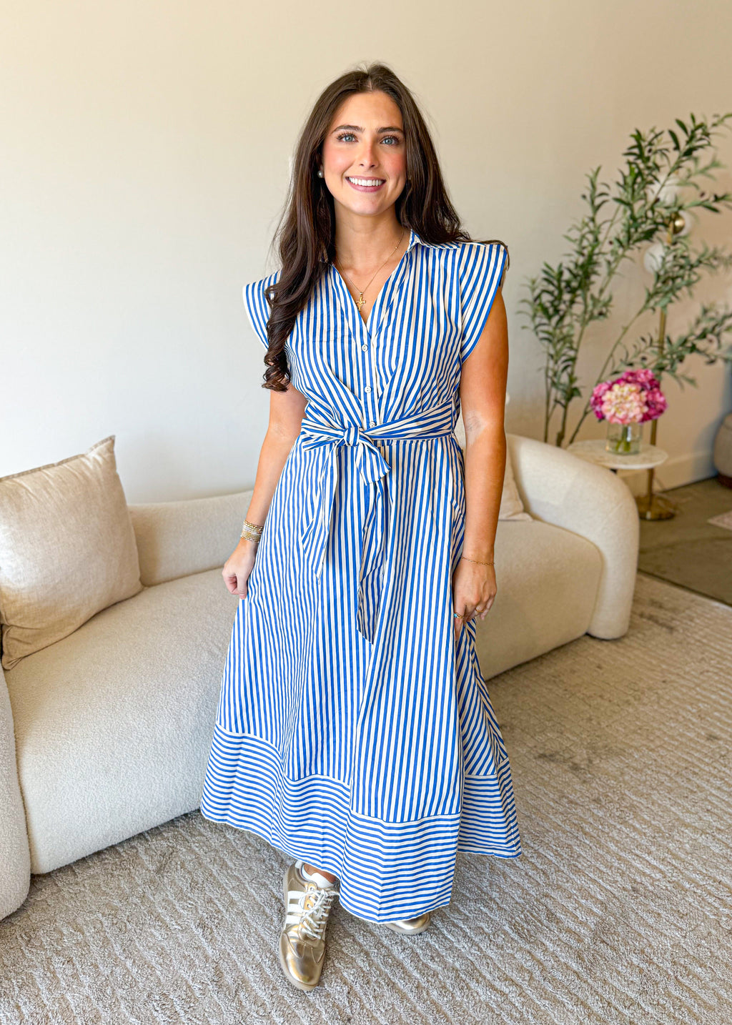 Sleeveless Stripe Tie Waist Midi Dress