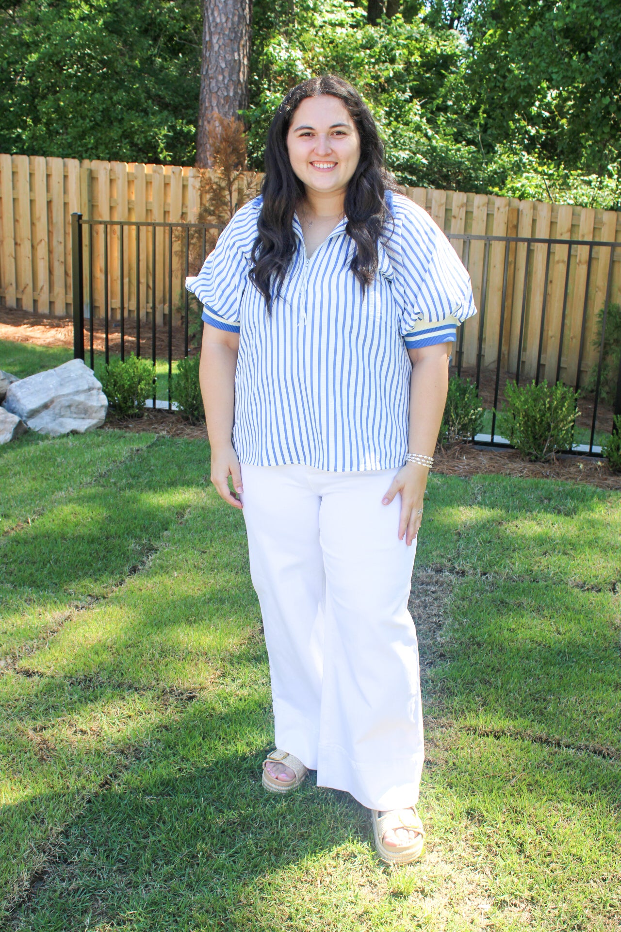 Seersucker High Collar Popover Blouse