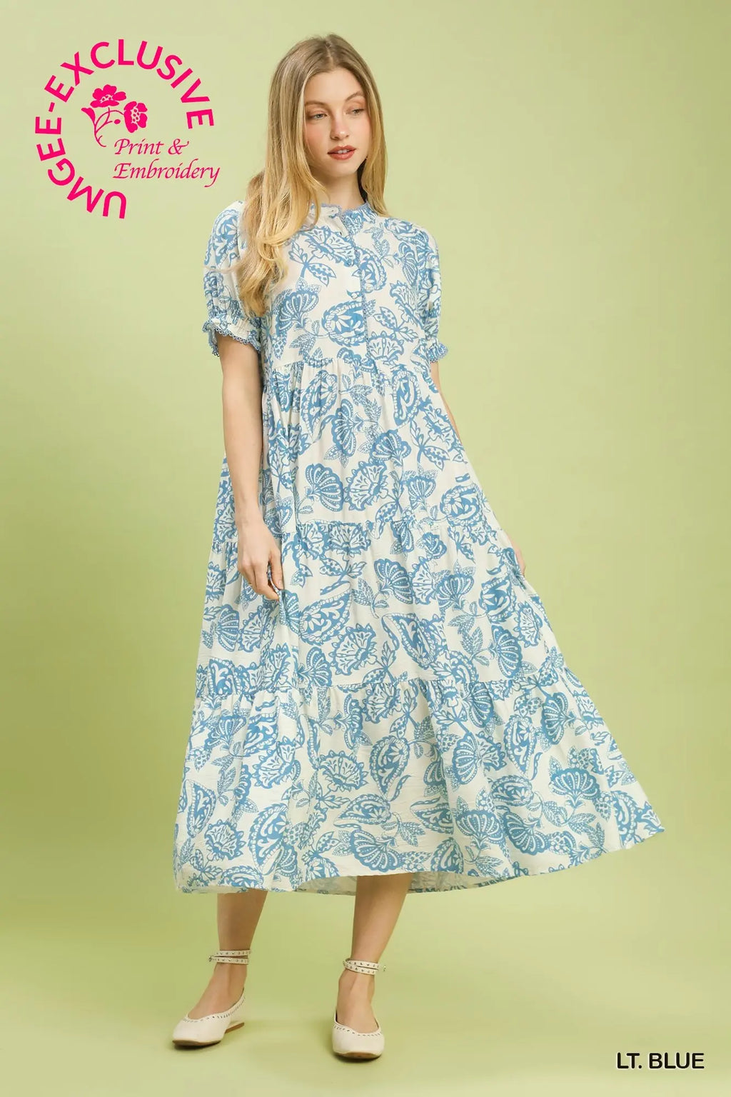 Lena Iris Print Tiered Midi Dress