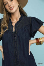 Desirae Washed Denim Smocked Mini Dress