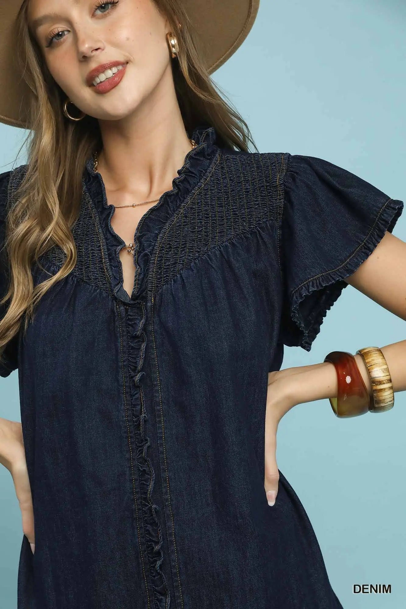 Desirae Washed Denim Smocked Mini Dress