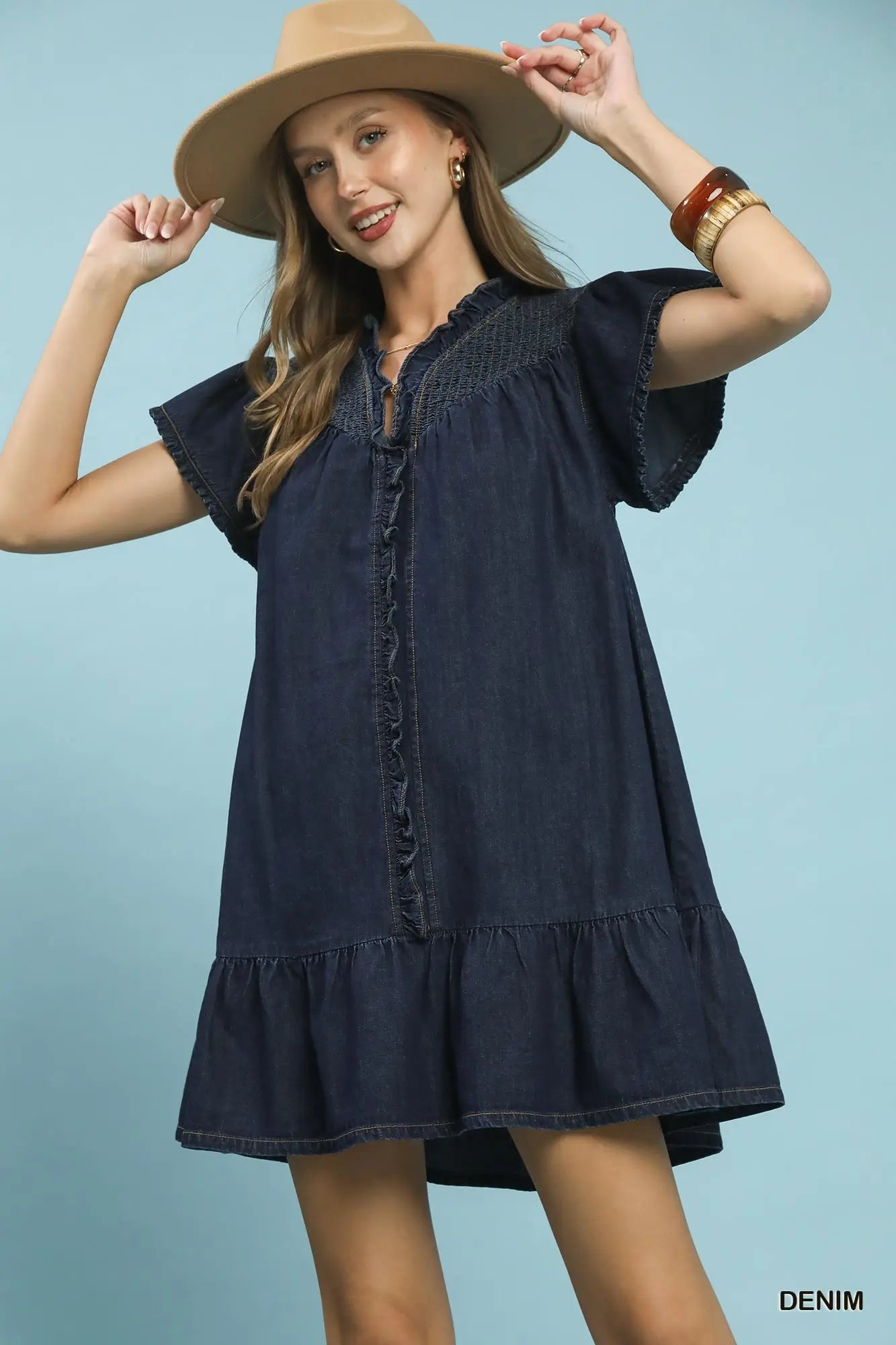 Desirae Washed Denim Smocked Mini Dress