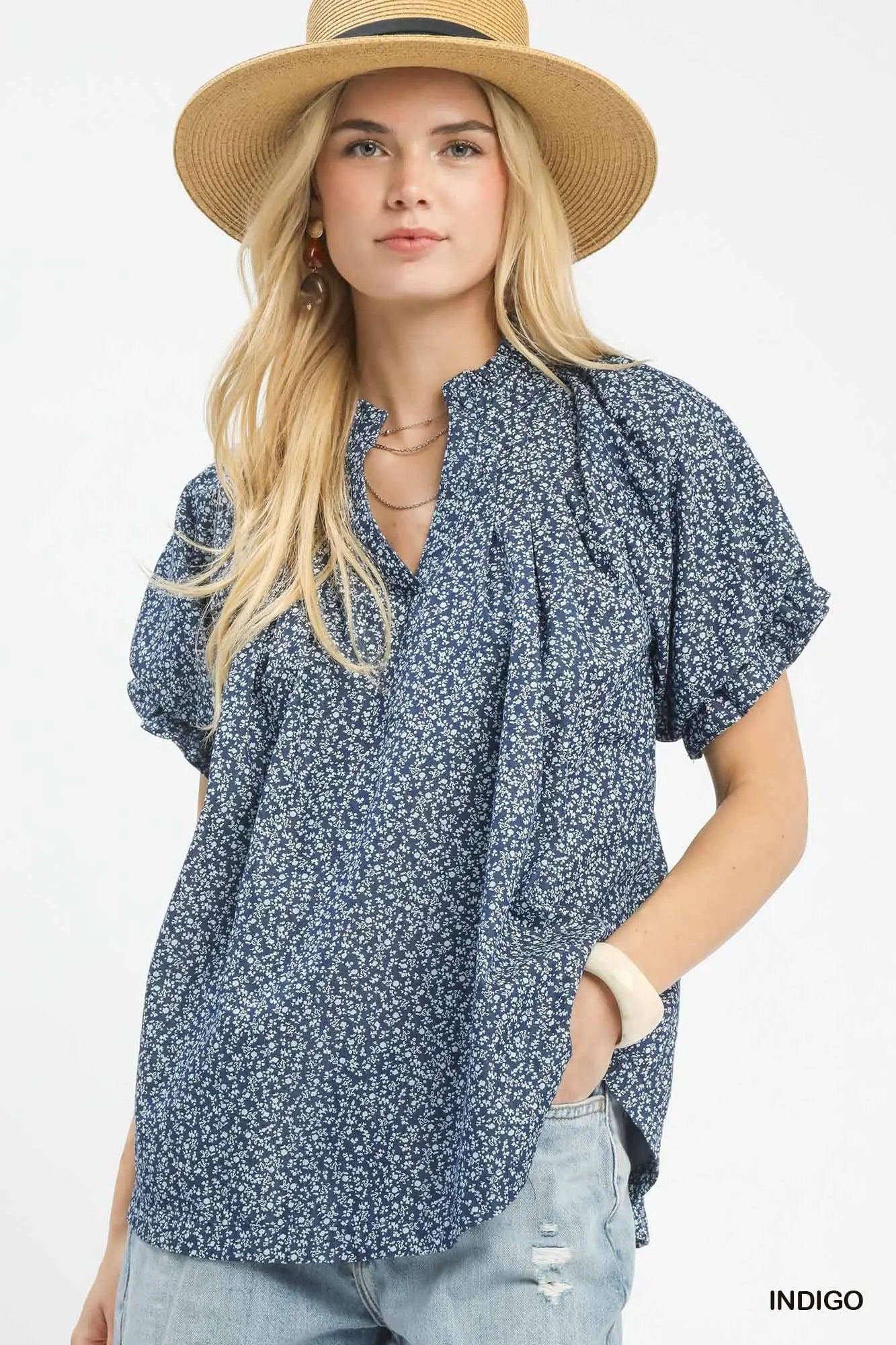 Cindy Bitty Flower Denim Blue Blouse