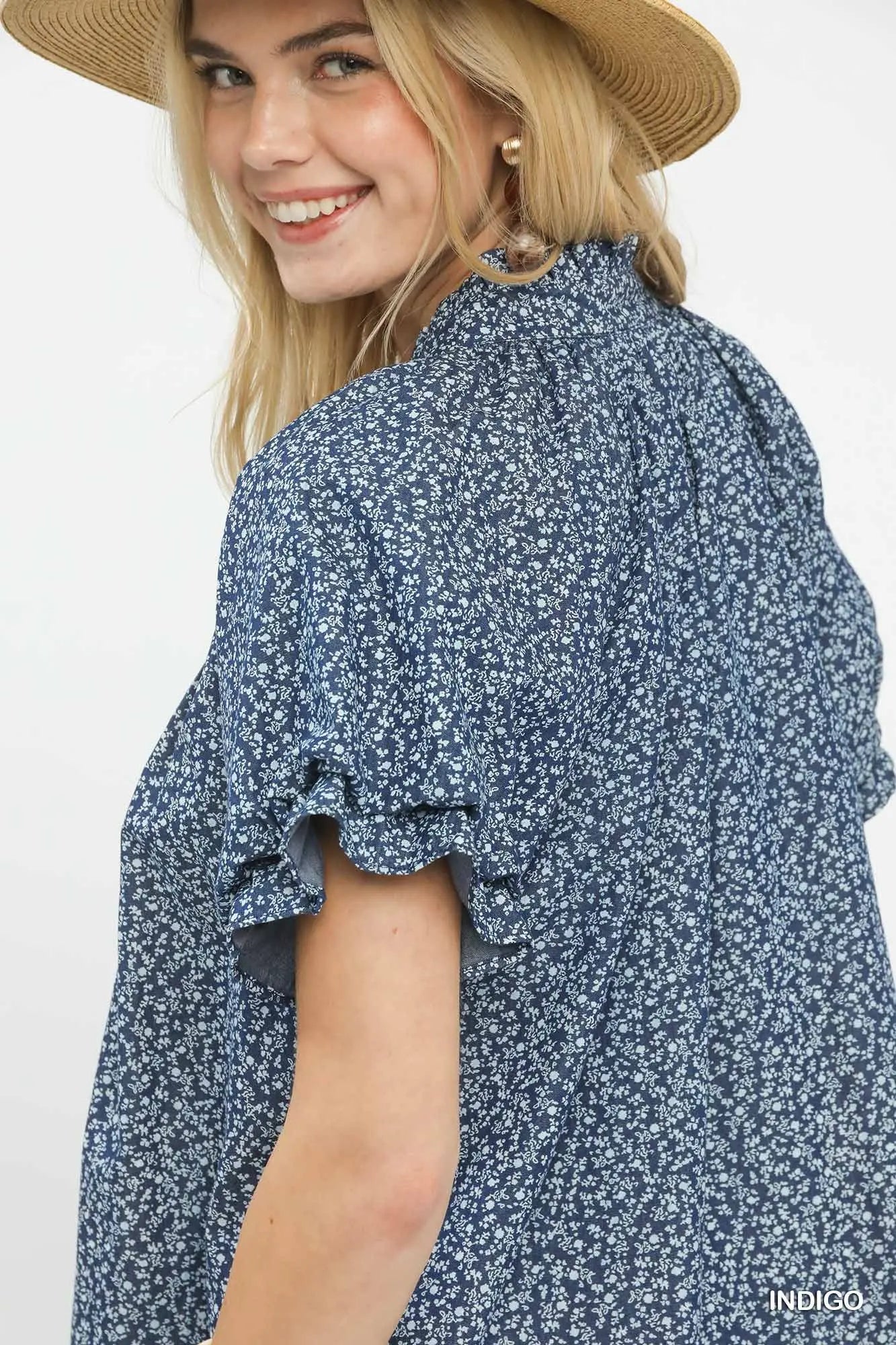 Cindy Bitty Flower Denim Blue Blouse