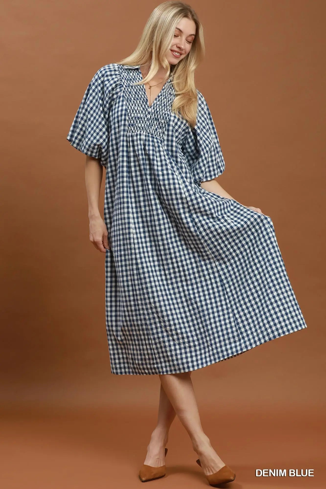 Puff Sleeve Plaid Midi Dress