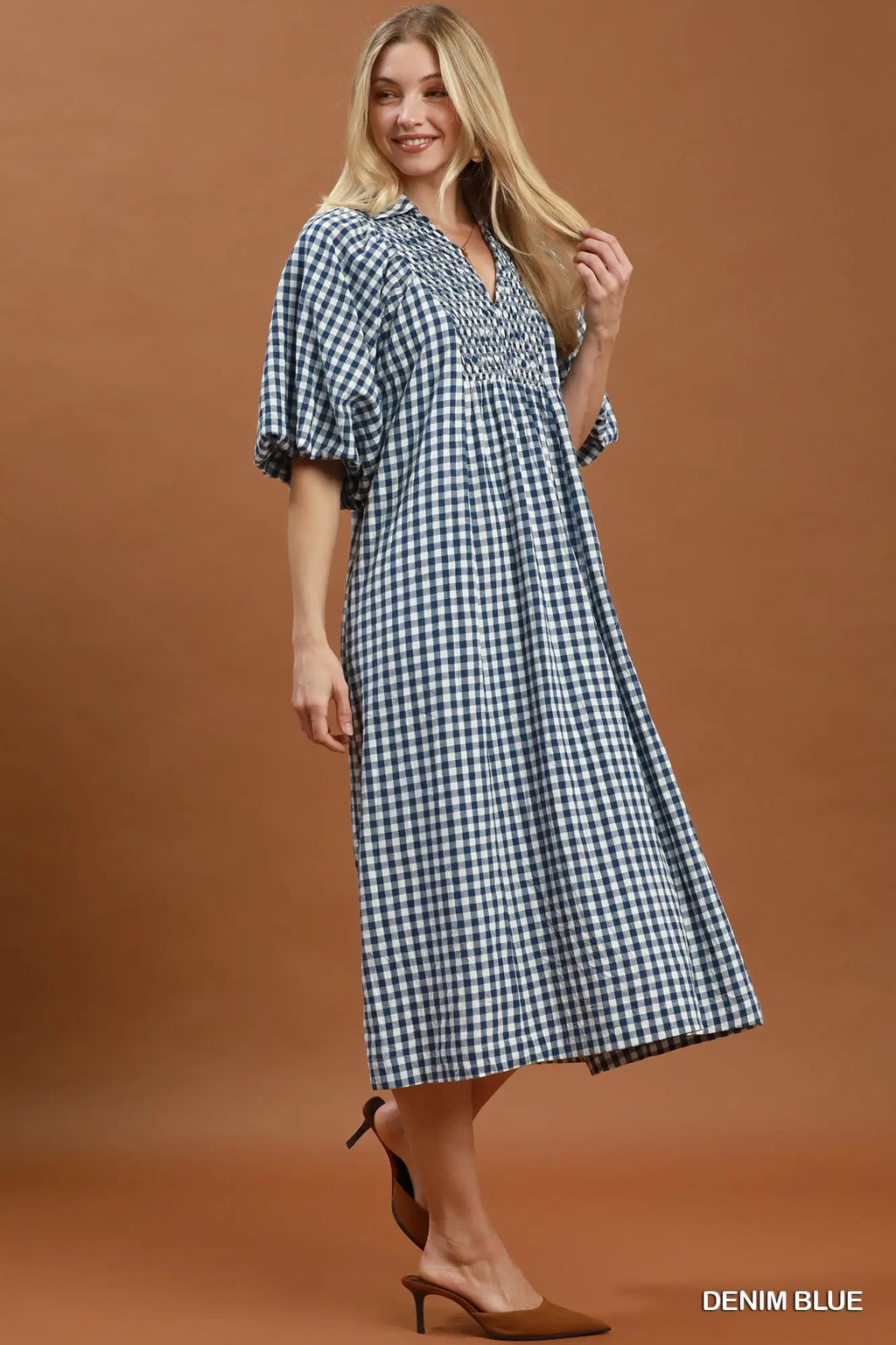 Puff Sleeve Plaid Midi Dress