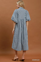 Puff Sleeve Plaid Midi Dress