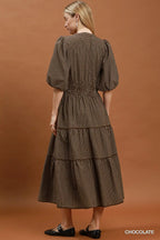 Checkered Puff Sleeve Tiered Dress