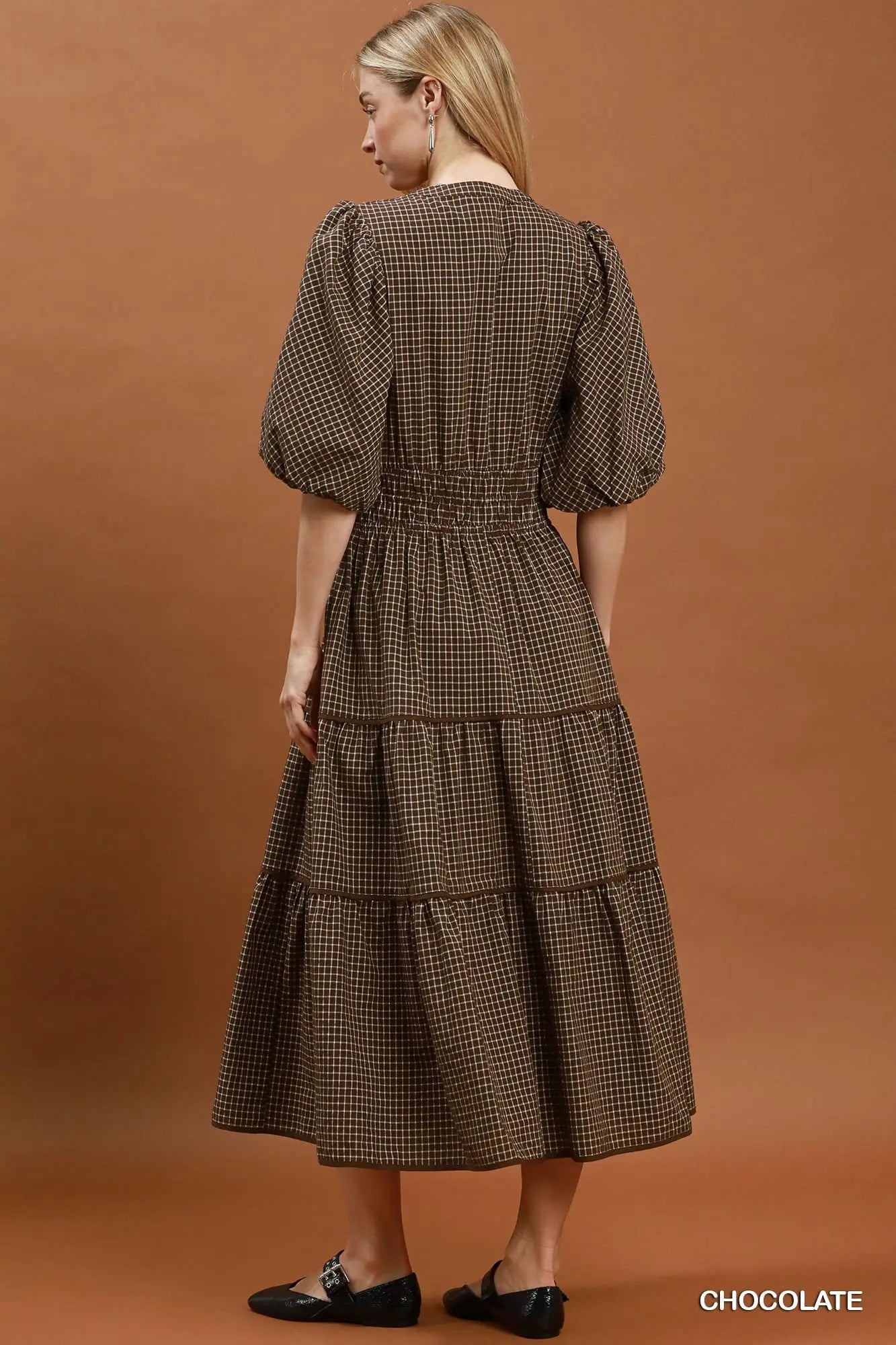 Checkered Puff Sleeve Tiered Dress