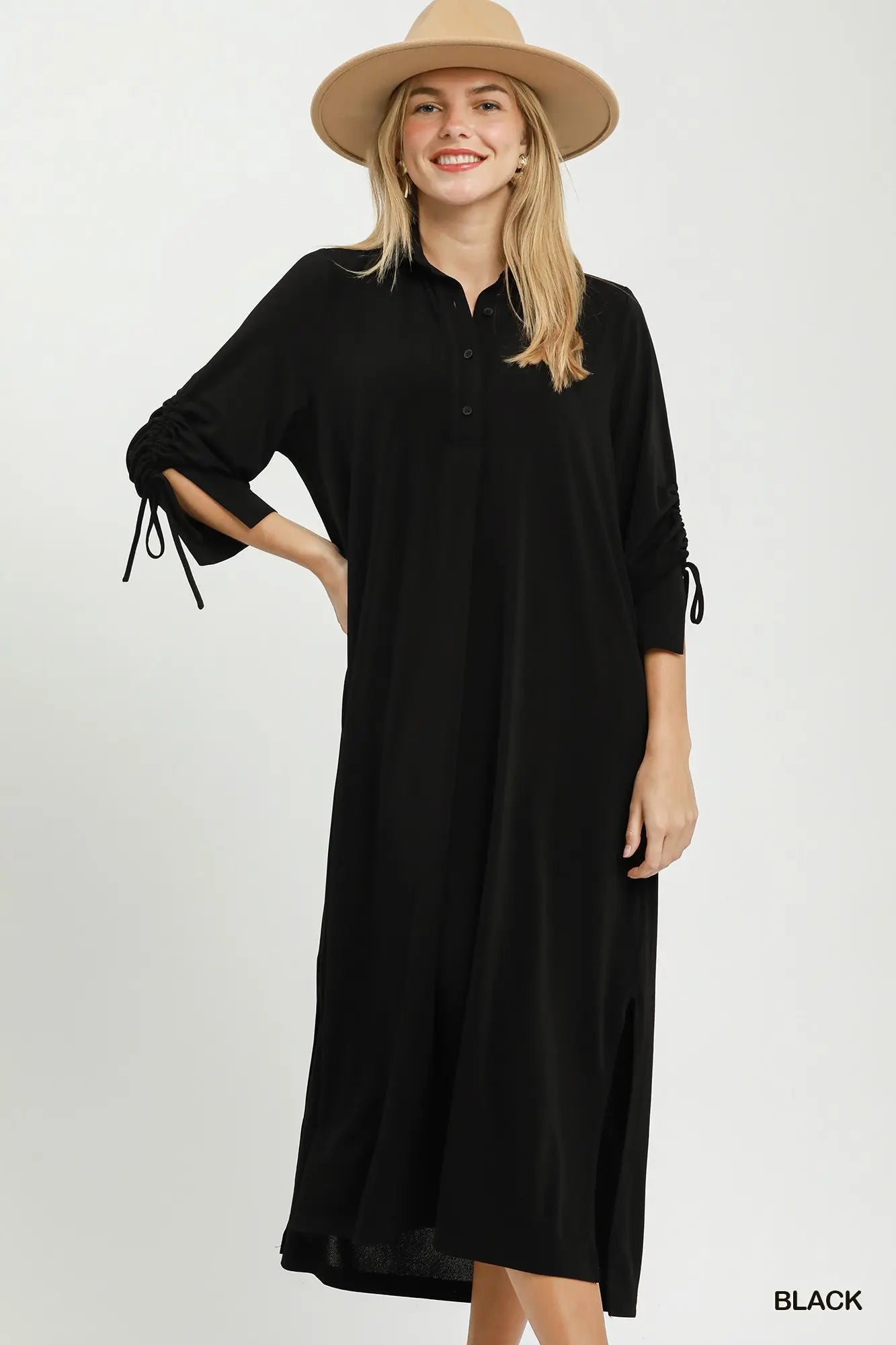 Rose Ruched Sleeve Midi Dress