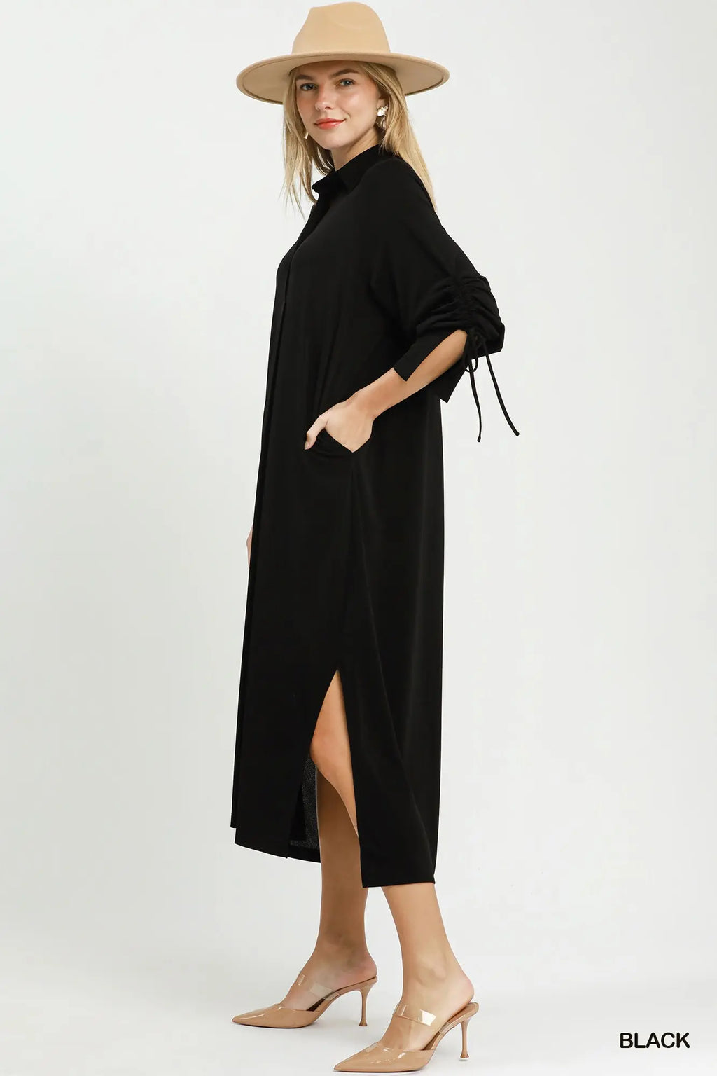 Rose Ruched Sleeve Midi Dress
