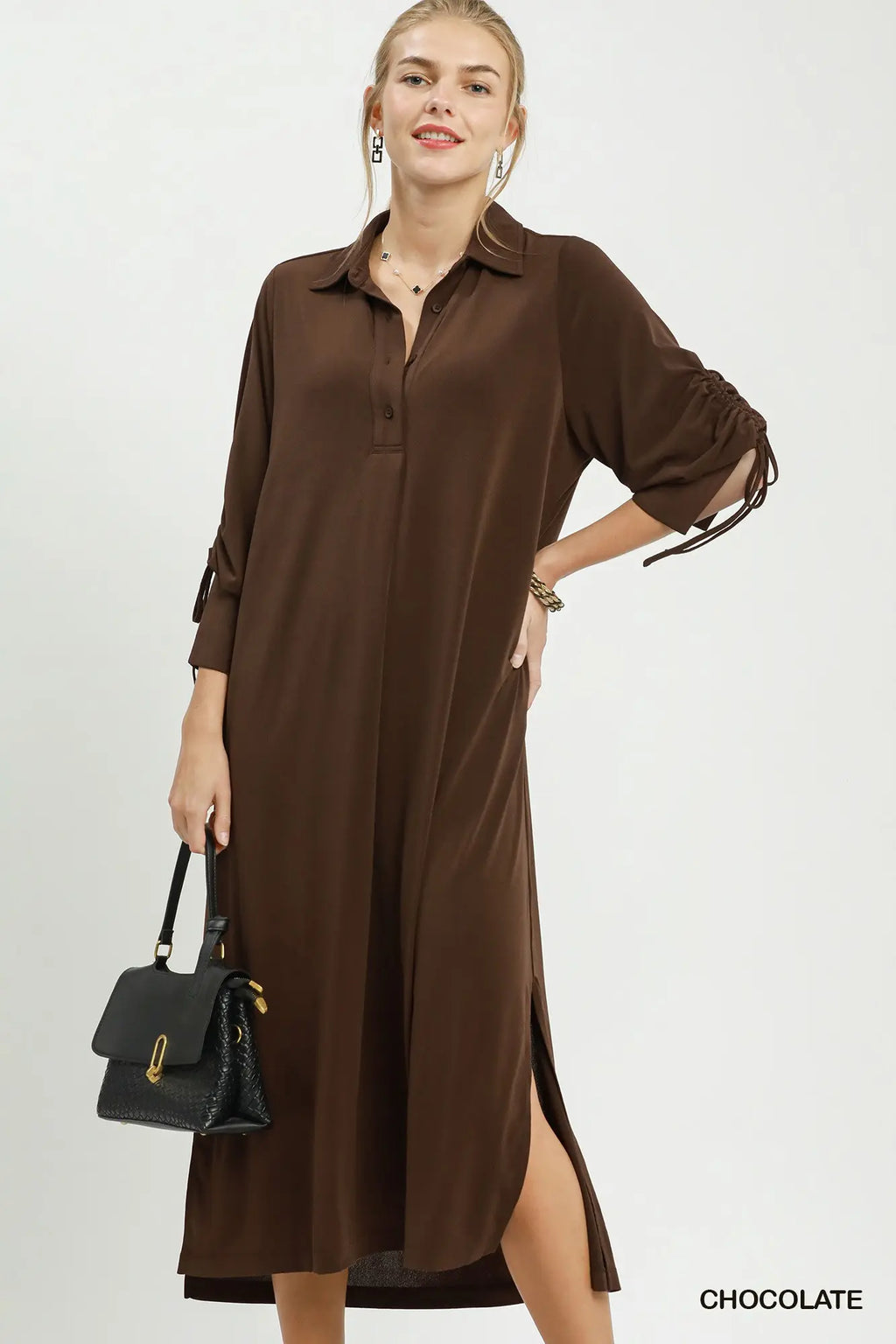 Rose Ruched Sleeve Midi Dress