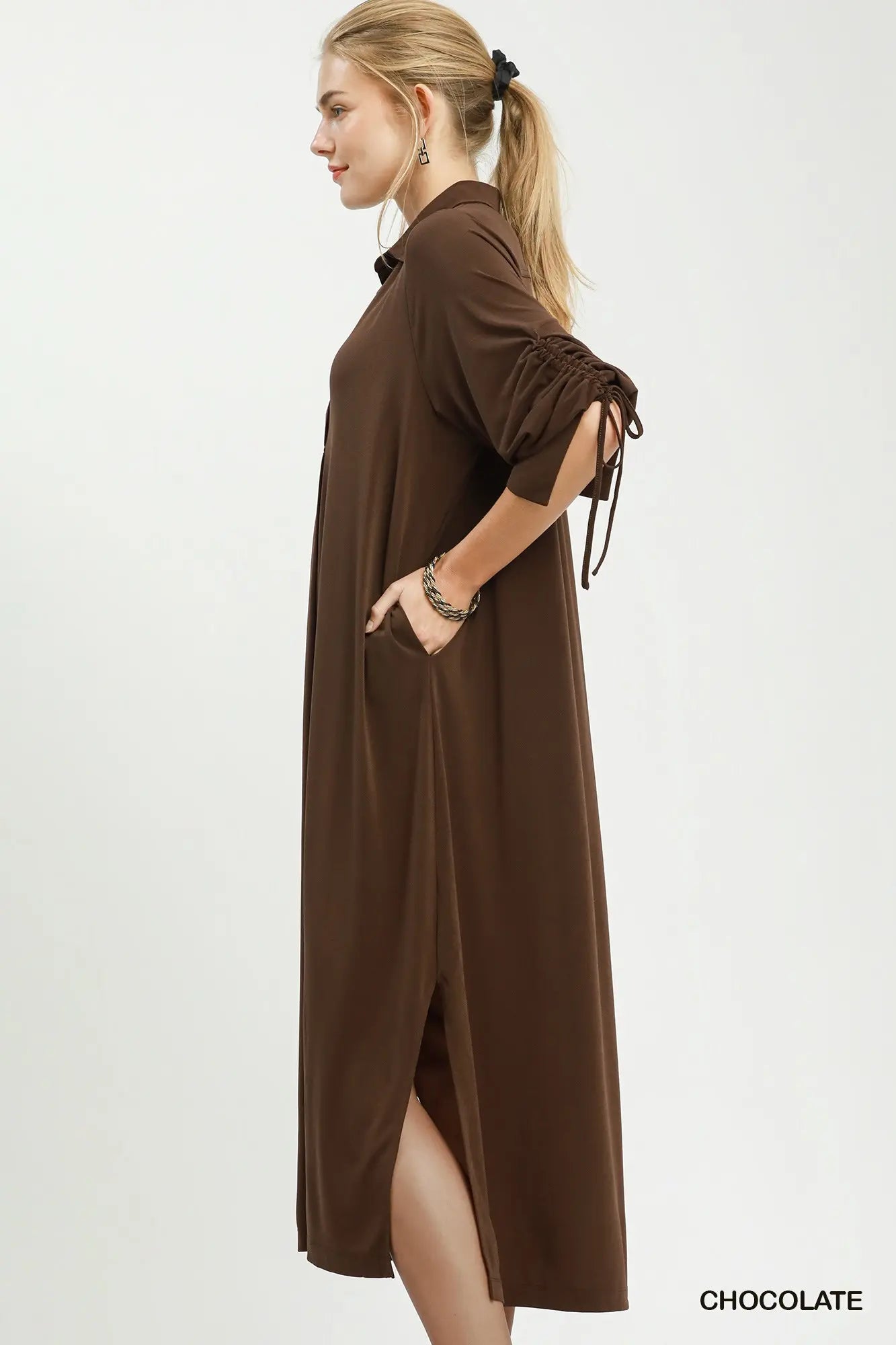 Rose Ruched Sleeve Midi Dress