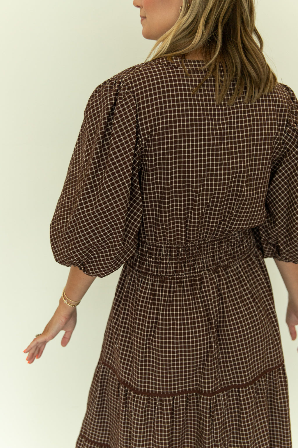 Checkered Puff Sleeve Tiered Dress