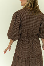 Checkered Puff Sleeve Tiered Dress