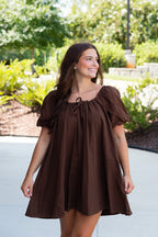 Meredith Babydoll Mini Dress in Brown