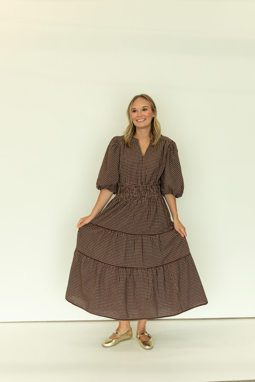 Checkered Puff Sleeve Tiered Dress