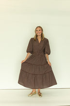 Checkered Puff Sleeve Tiered Dress