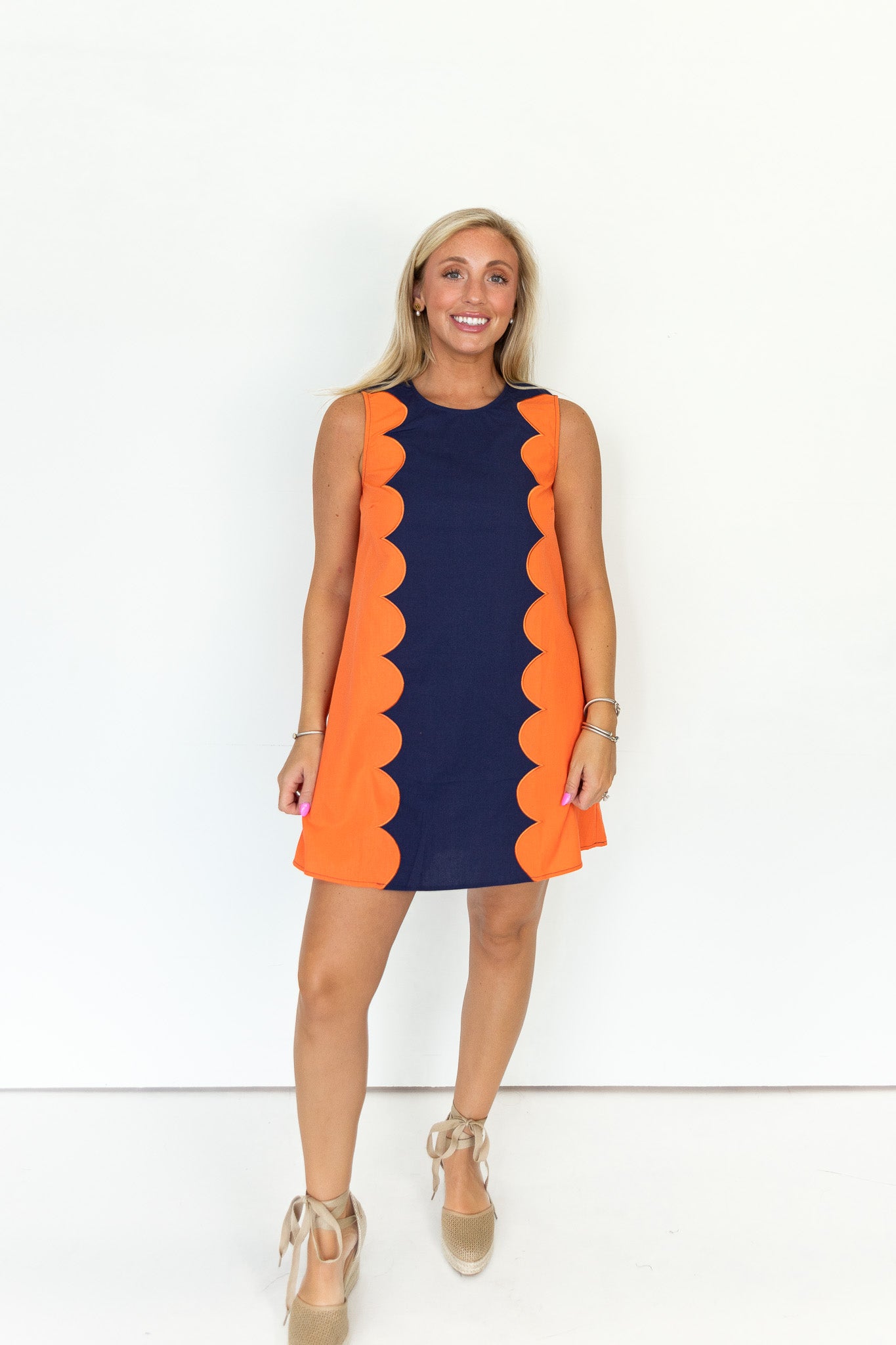 Ellie Scalloped Colorblock Shift Dress in Navy/Orange