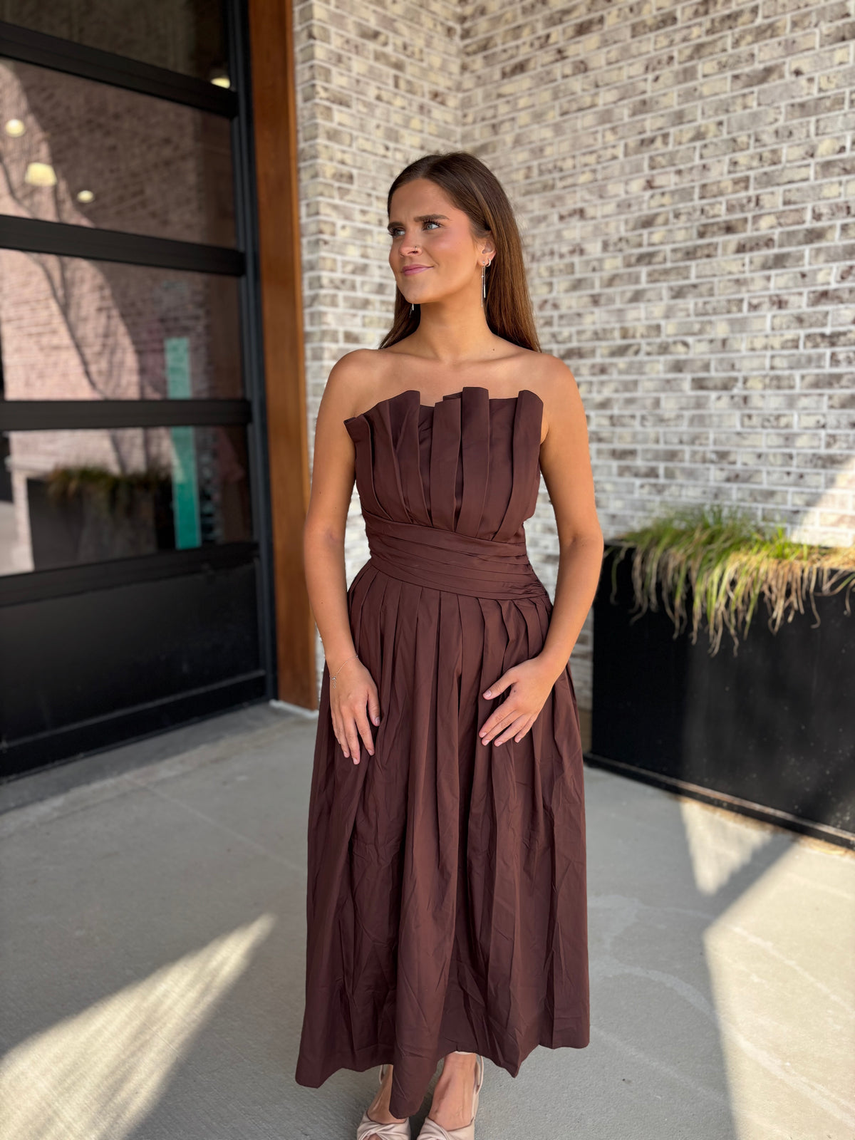 Evelina Pleated Midi Dress in Brown