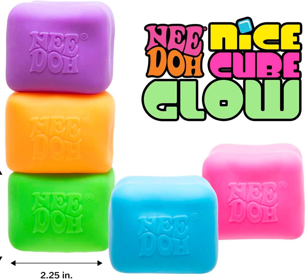 Stack of colorful 'Nee Doh' cubes with dimensions and branding text on a white background.