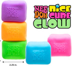 Stack of colorful 'Nee Doh' cubes with dimensions and branding text on a white background.