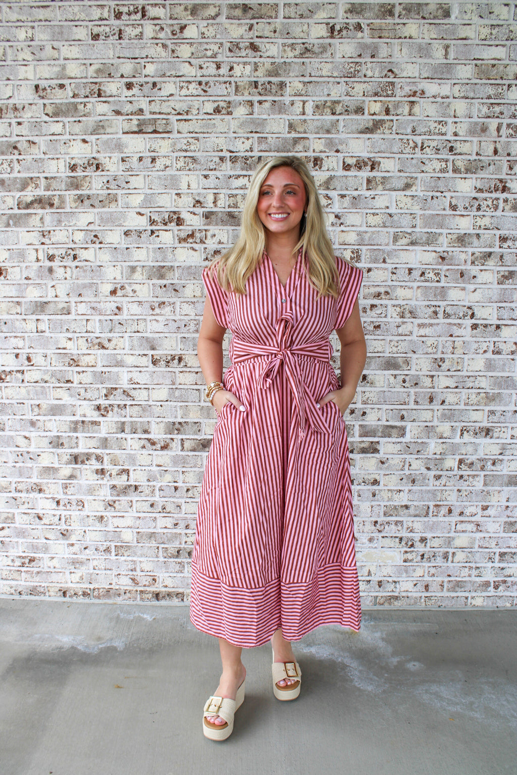 Sleeveless Stripe Tie Waist Midi Dress in Camel Pink