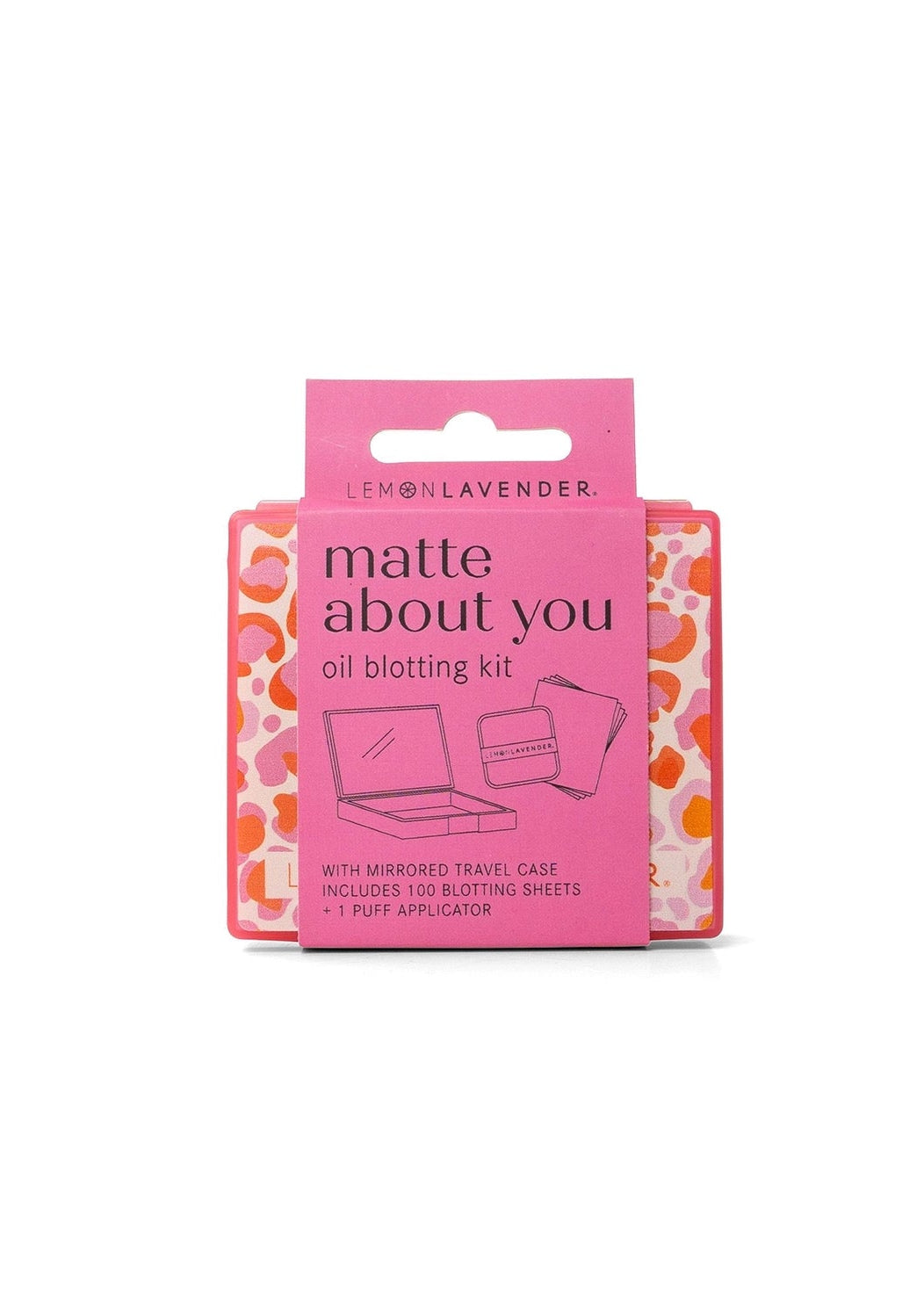 Pink oil blotting kit packaging with 'matte about you' text on a white background