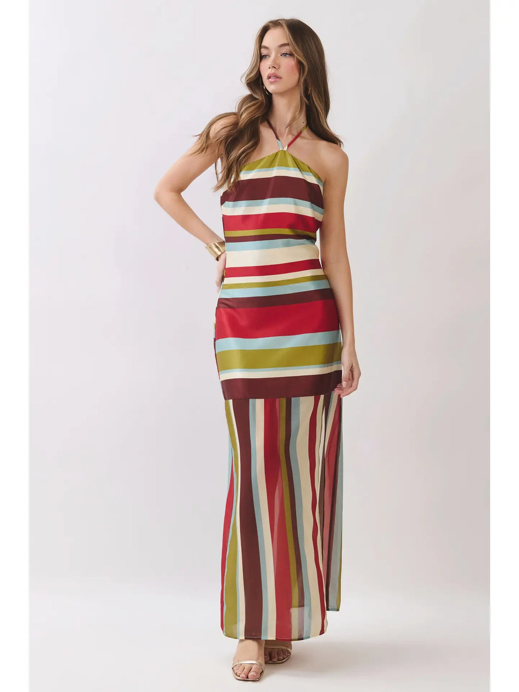 Sunset Stripe Halter Maxi Dress