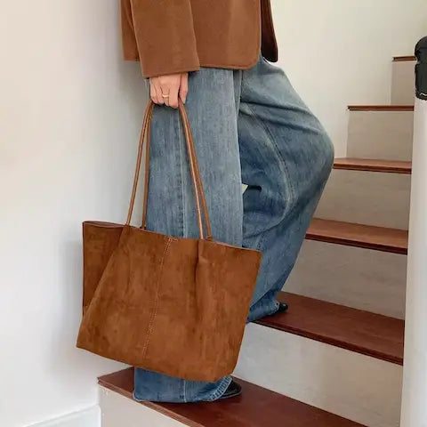 Suede-Like Microfiber Leather Tote with Pouch