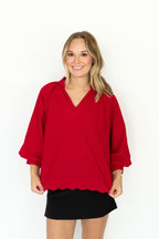 Simone Textured V-Neck Top in Red