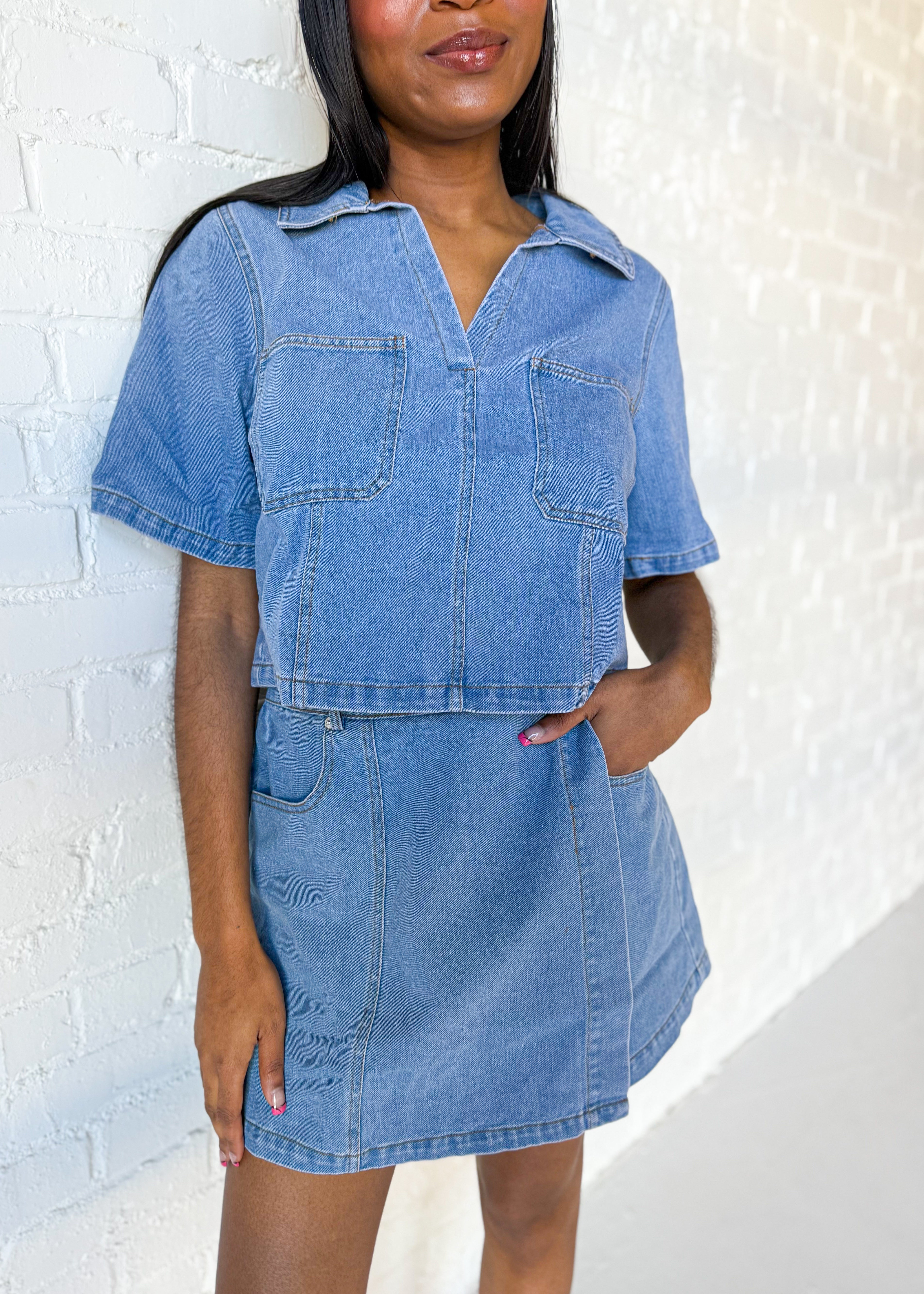 Lila Denim Collared Top