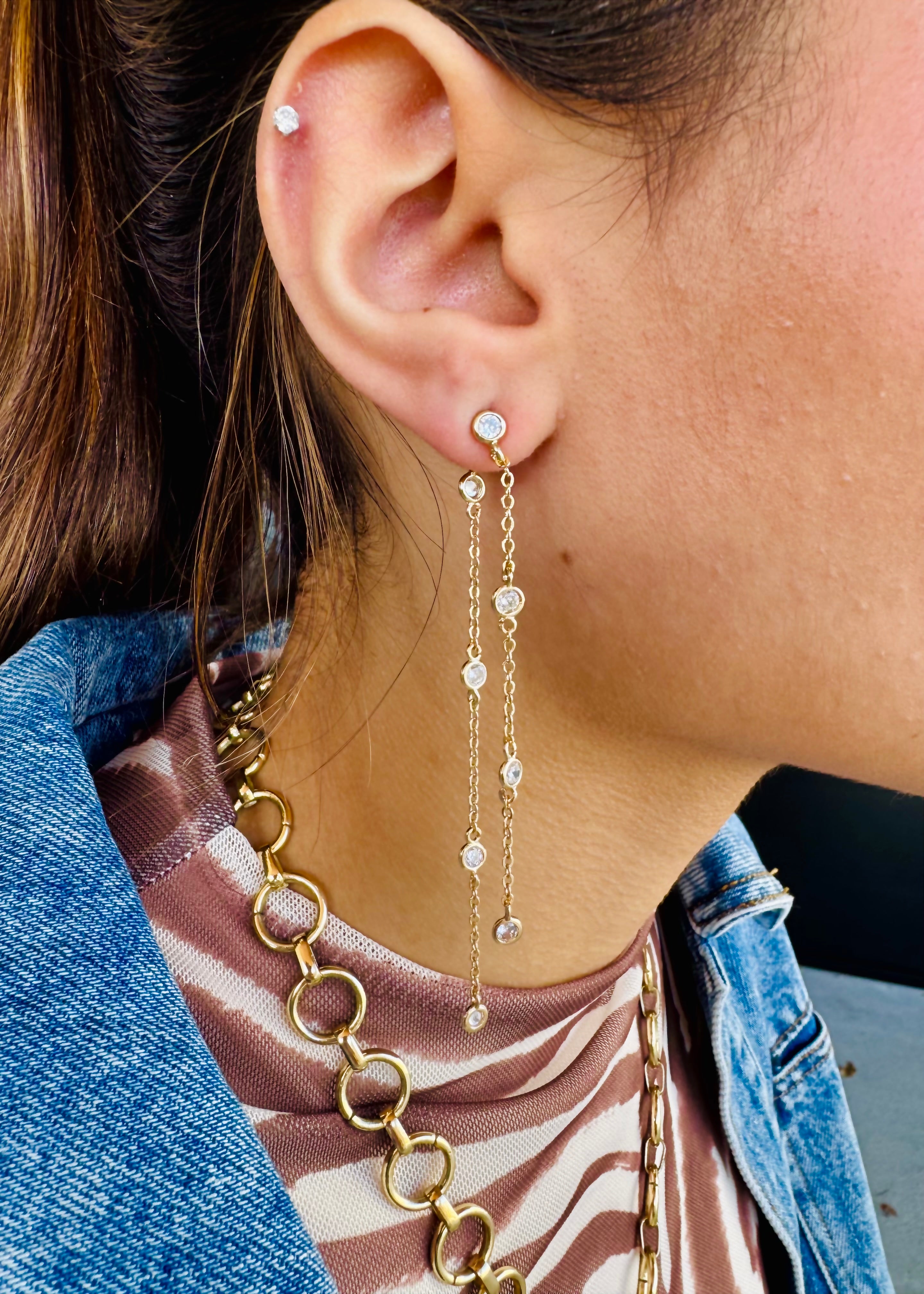 CZ Stone Chain Linear Front Back Earrings