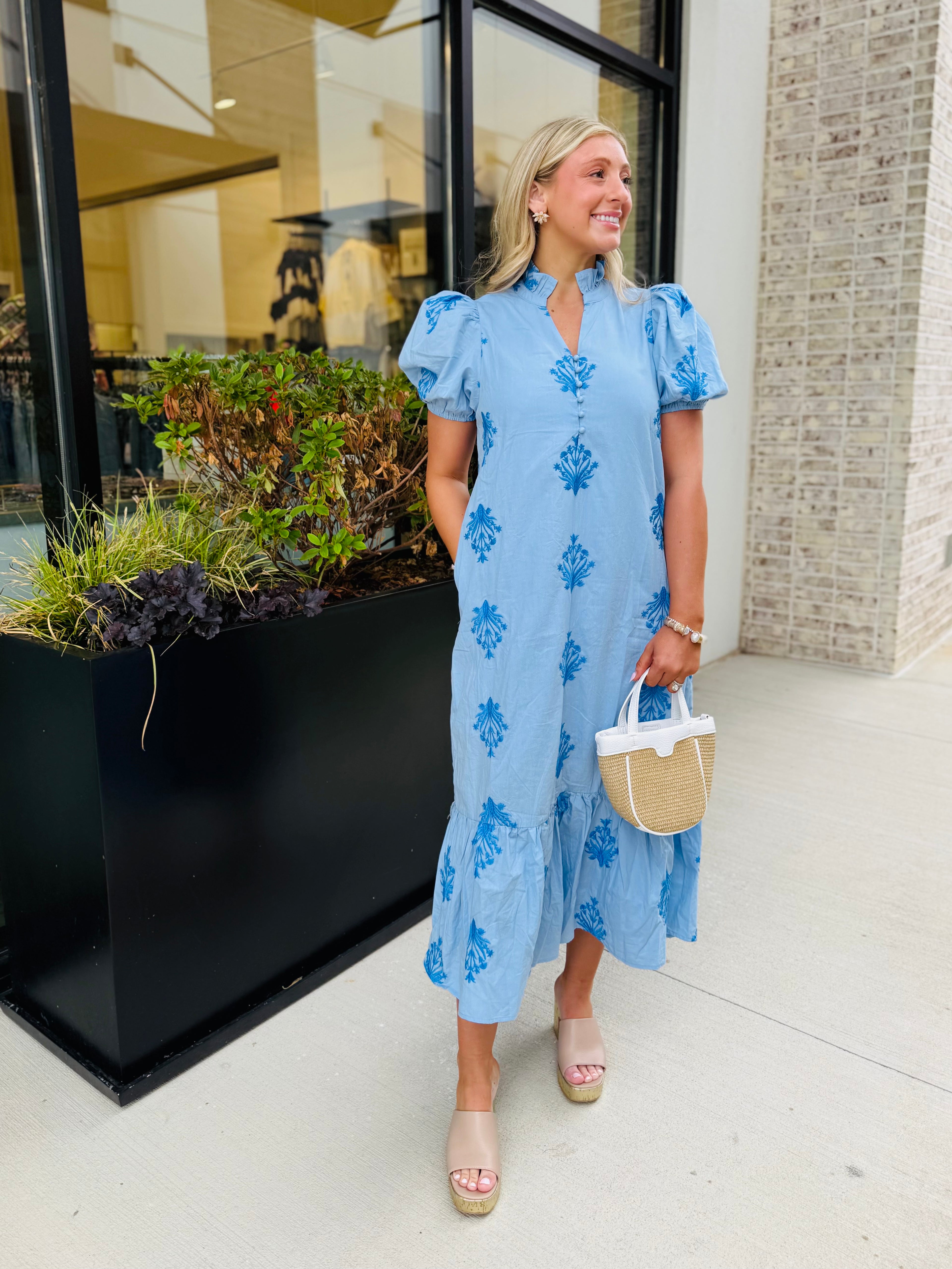 Sutton Embroidered Ruffle Midi Dress