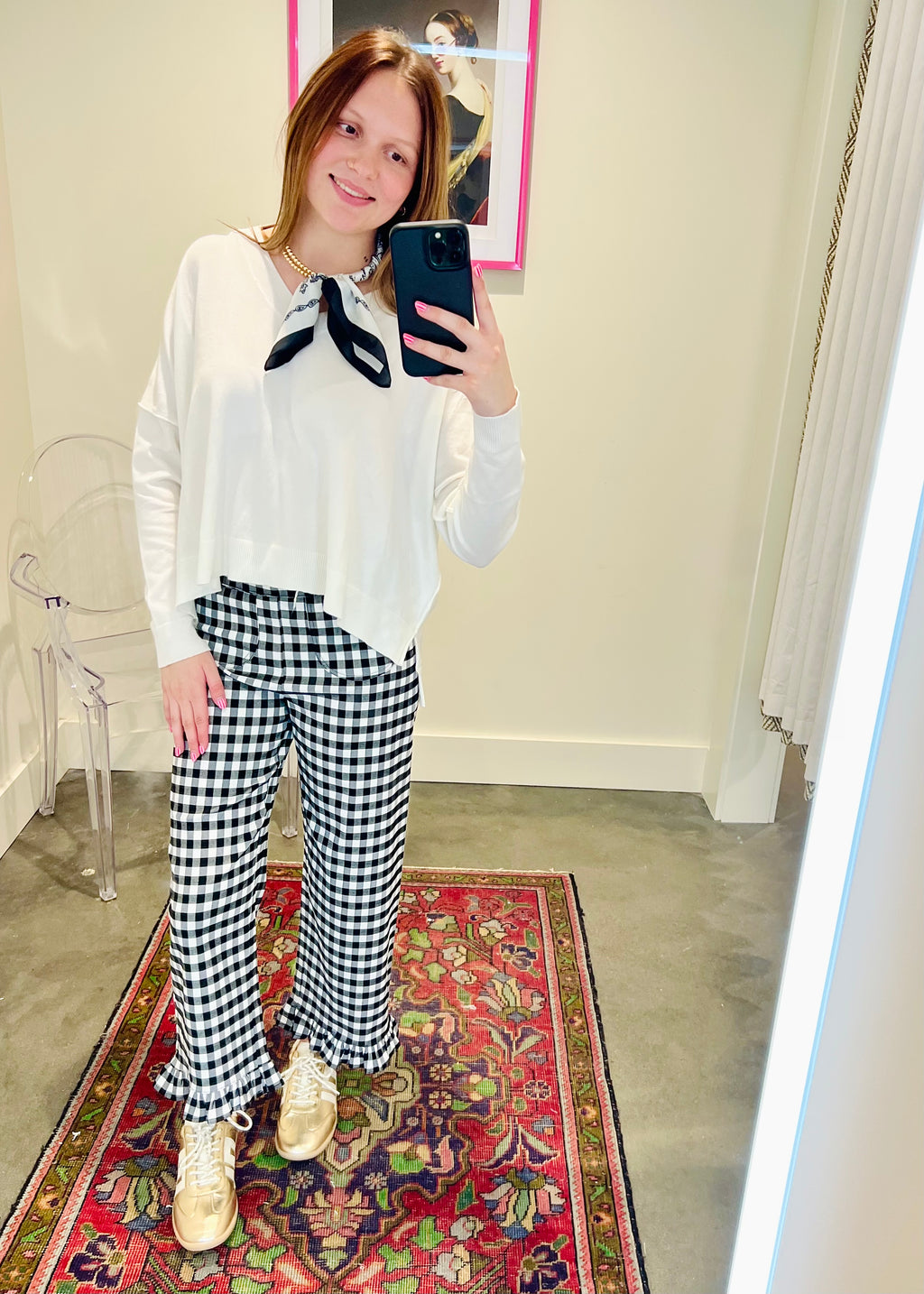 Gingham Ruffle-Hem Pants