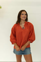 Simone Textured V-Neck Top in Rust