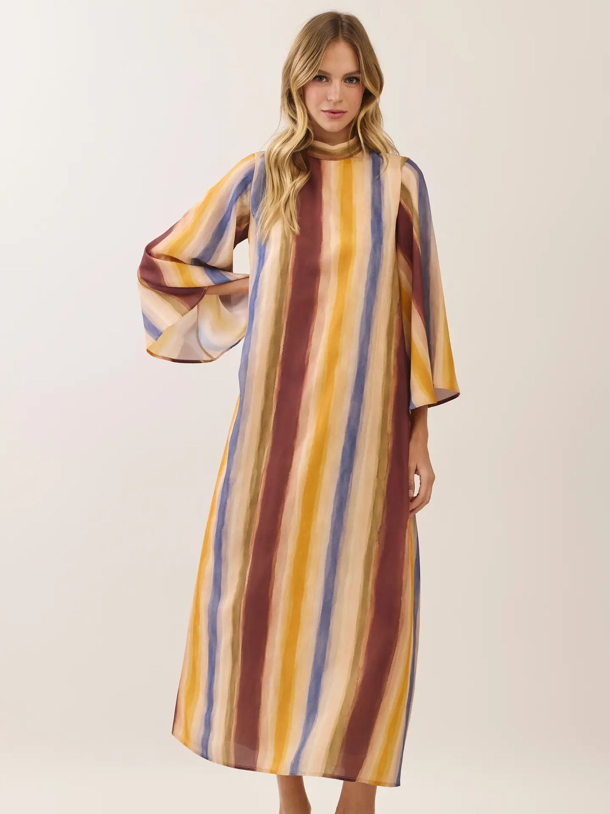 Watercolor Striped Tie Neck Maxi Dress