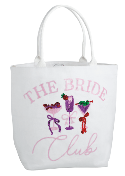 White tote bag with 'The Bride Club' text and cocktail graphics on a white background