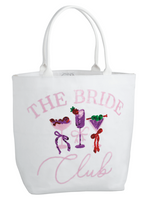 White tote bag with 'The Bride Club' text and cocktail graphics on a white background