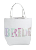 White tote bag with 'BRIDE' in colorful letters on a white background