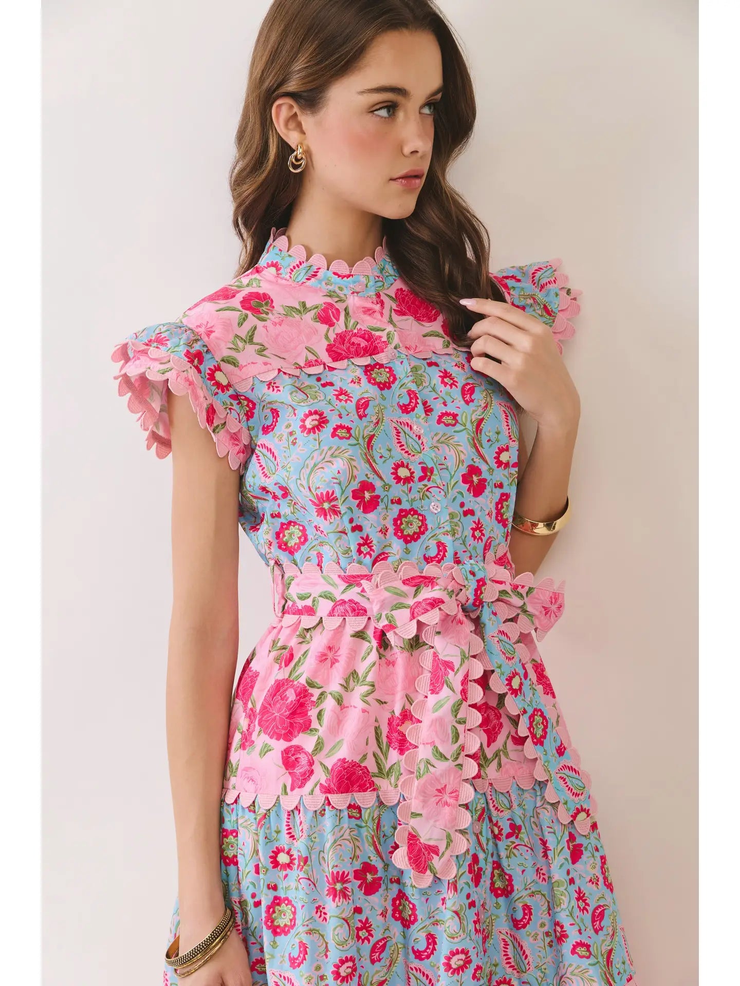 Bright Floral Scallop Midi Dress