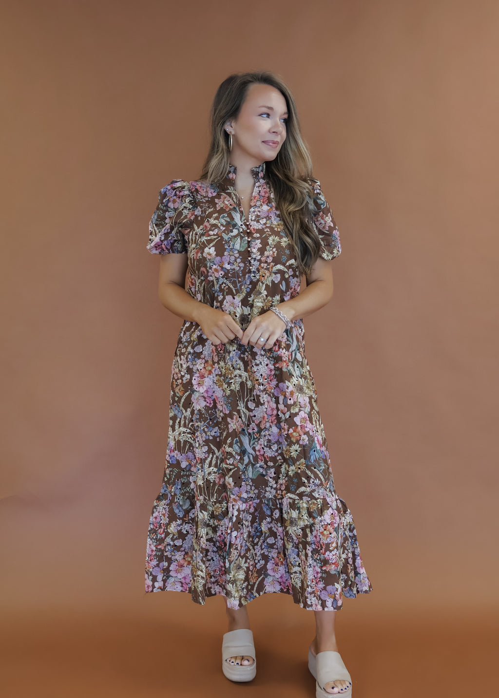 Simone Floral Midi Dress in Brown