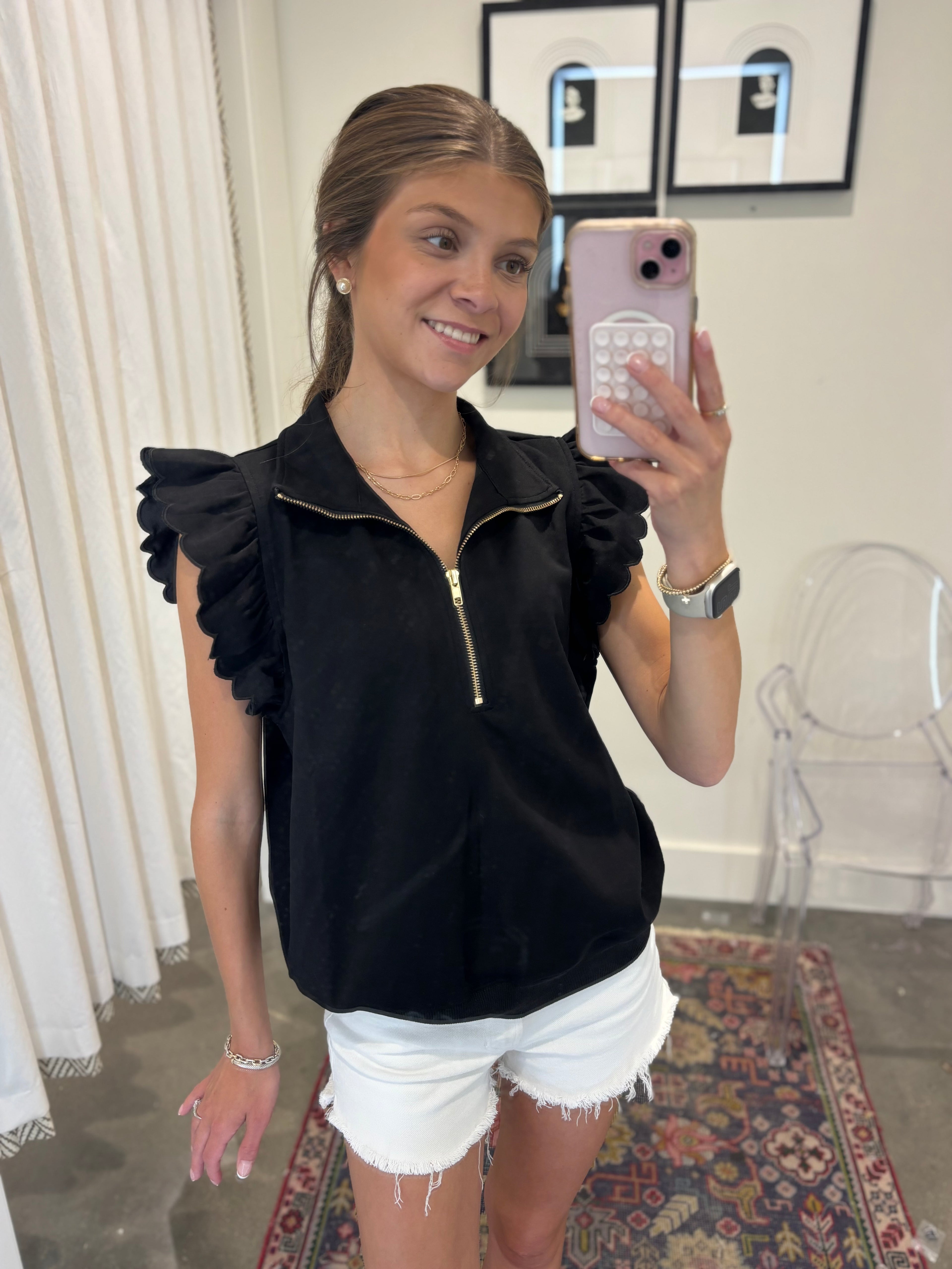 Brielle Noir Ruffle Zip Top