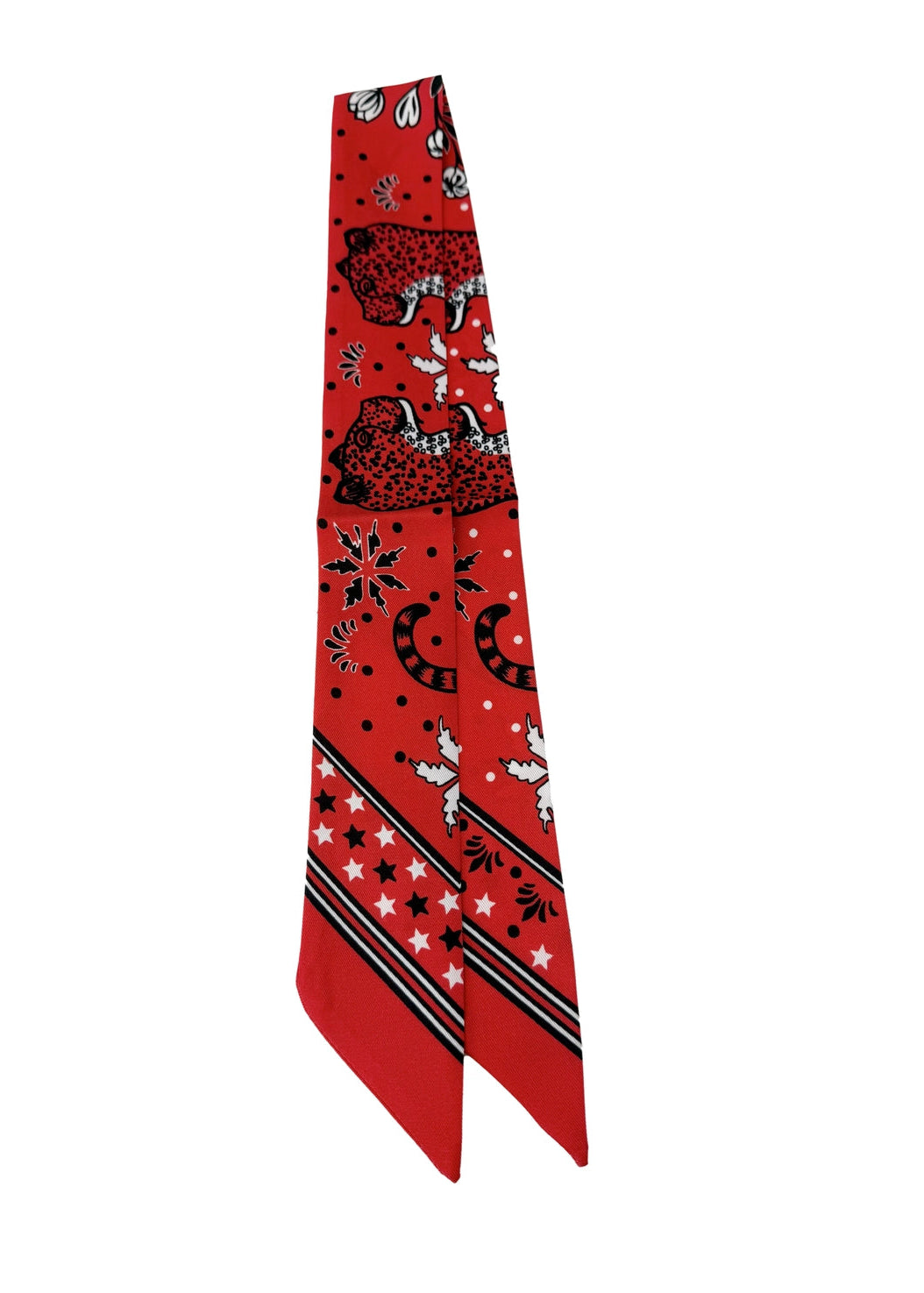 Red necktie with black and white patterns on a white background