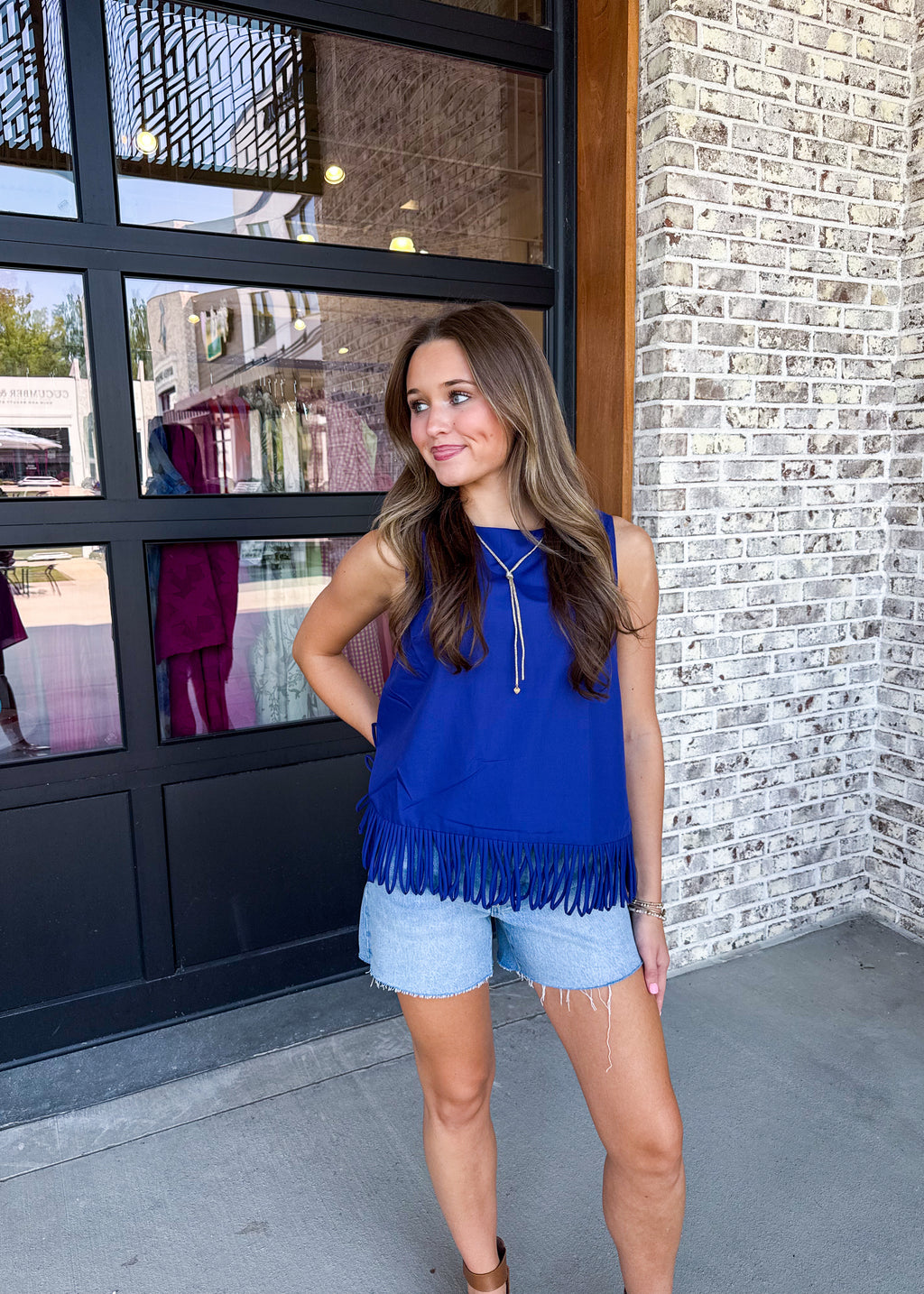 Adison Fringe Hem Sleeveless Top in Navy