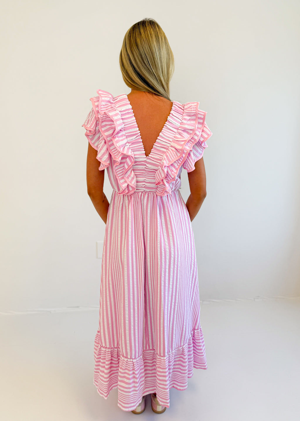 Selena Striped Ruffle Midi Dress