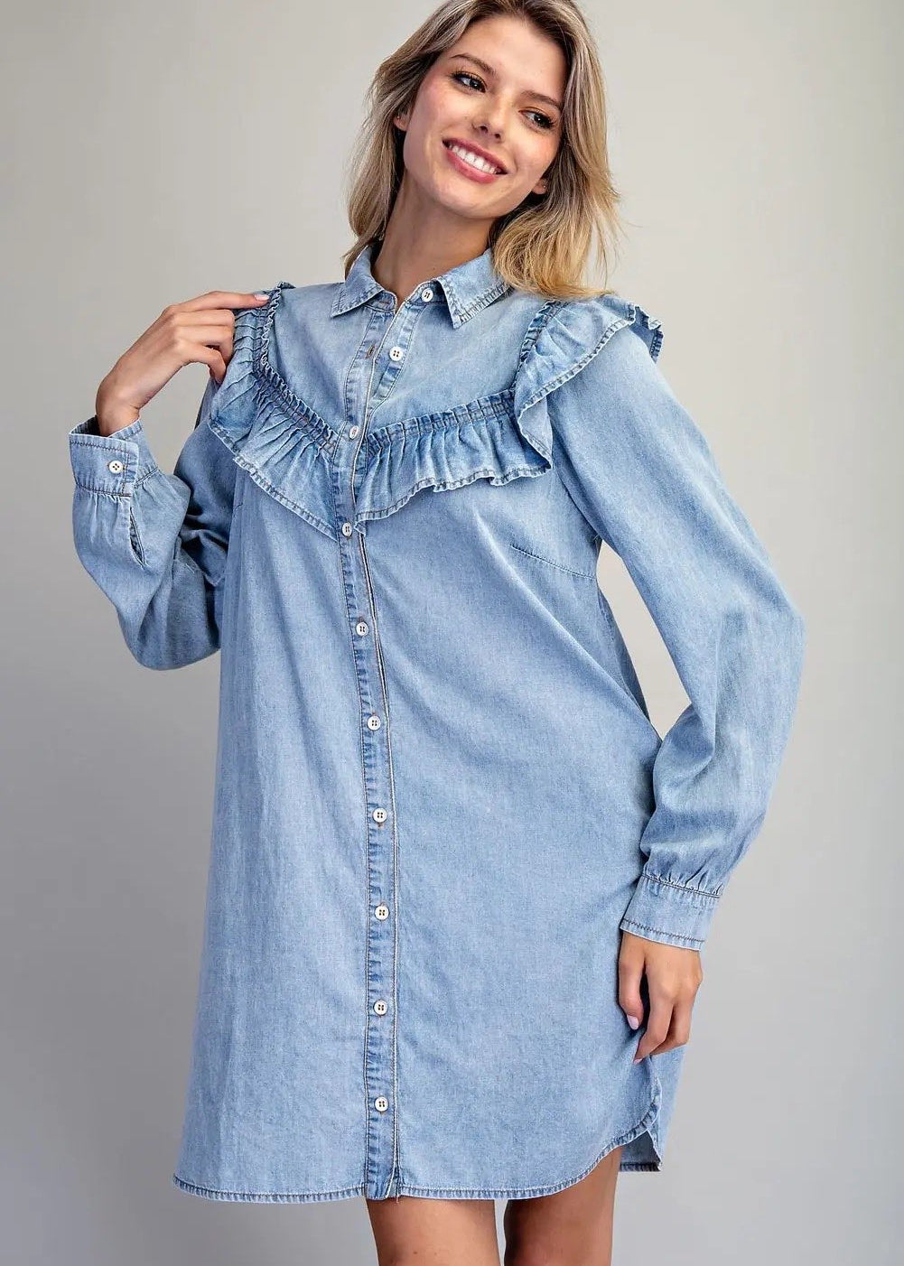 Ruffled Denim Button-Down Dress - L / Denim Ruffled Denim Button-Down Dress - L / Denim